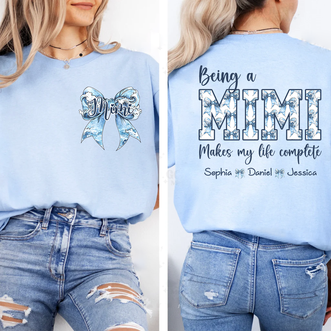 Custom Mimi T Shirt with Grandchildren Names, Blue Bow Coquette Back Design Tee, Personalized Grandma Apparel for Women