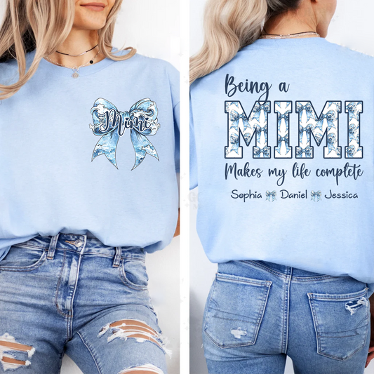 Custom Mimi T Shirt with Grandchildren Names, Blue Bow Coquette Back Design Tee, Personalized Grandma Apparel for Women