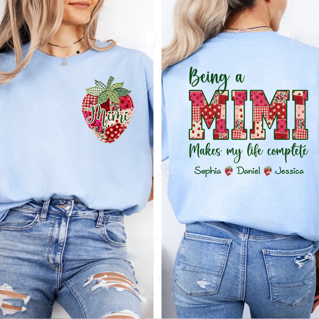 Custom Mimi Shirt with Grandkids Names, Personalized Strawberry Patchwork Tee for Grandma Nana Gigi, Cute Family Gift