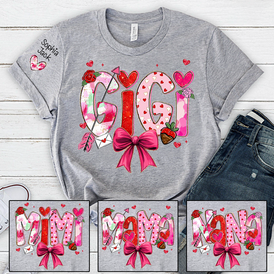 Personalized Gigi Valentine T-shirt, Cute Bow and Strawberry Design for Grandma and Kids