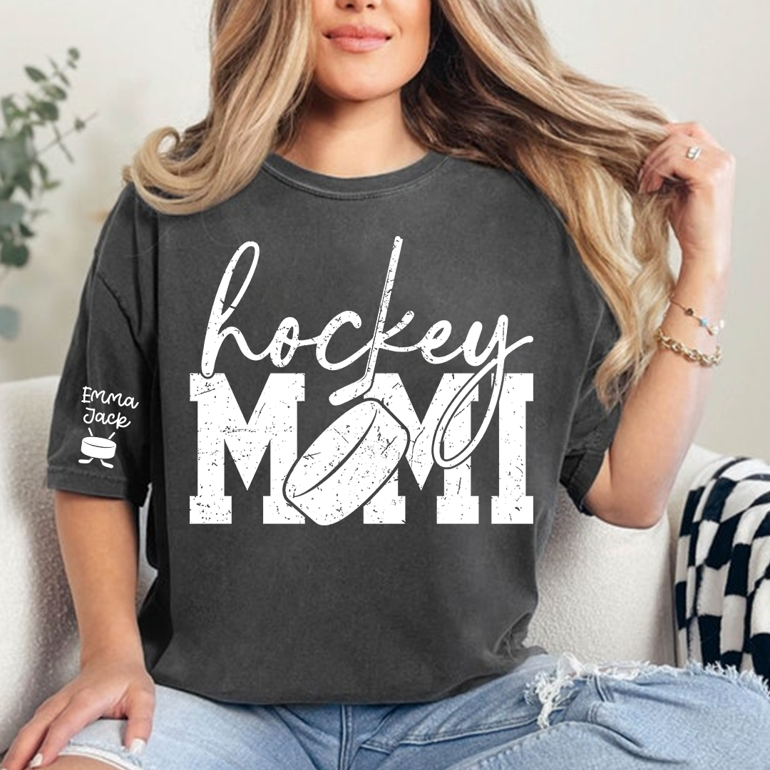 Hockey Mimi Shirt with Custom Names, Hockey Puck and Stick Design Family T Shirt