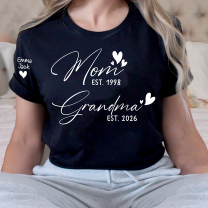 Personalized Mom and Grandma T-Shirt, Custom EST Year T-Shirt with Heart Design for Family