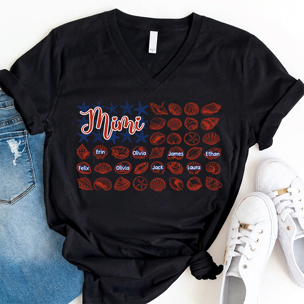 Mimi Shell Collection Shirt, Personalized Grandma T-Shirt with Grandkids Names, Coastal Summer Gift for Mimi V-Neck
