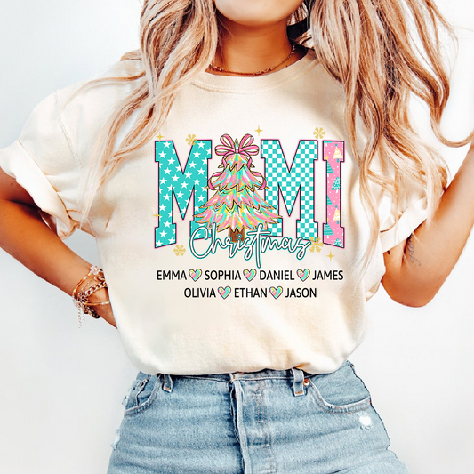 Christmas Tree Mimi T-Shirt, Custom Family Name for Grandma And Kids