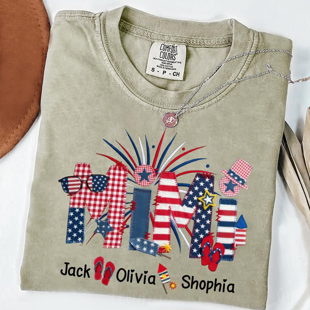 Comfort Colors Mimi Custom T Shirt with Patriotic Design & Grandkids' Names, Perfect for 4th of July