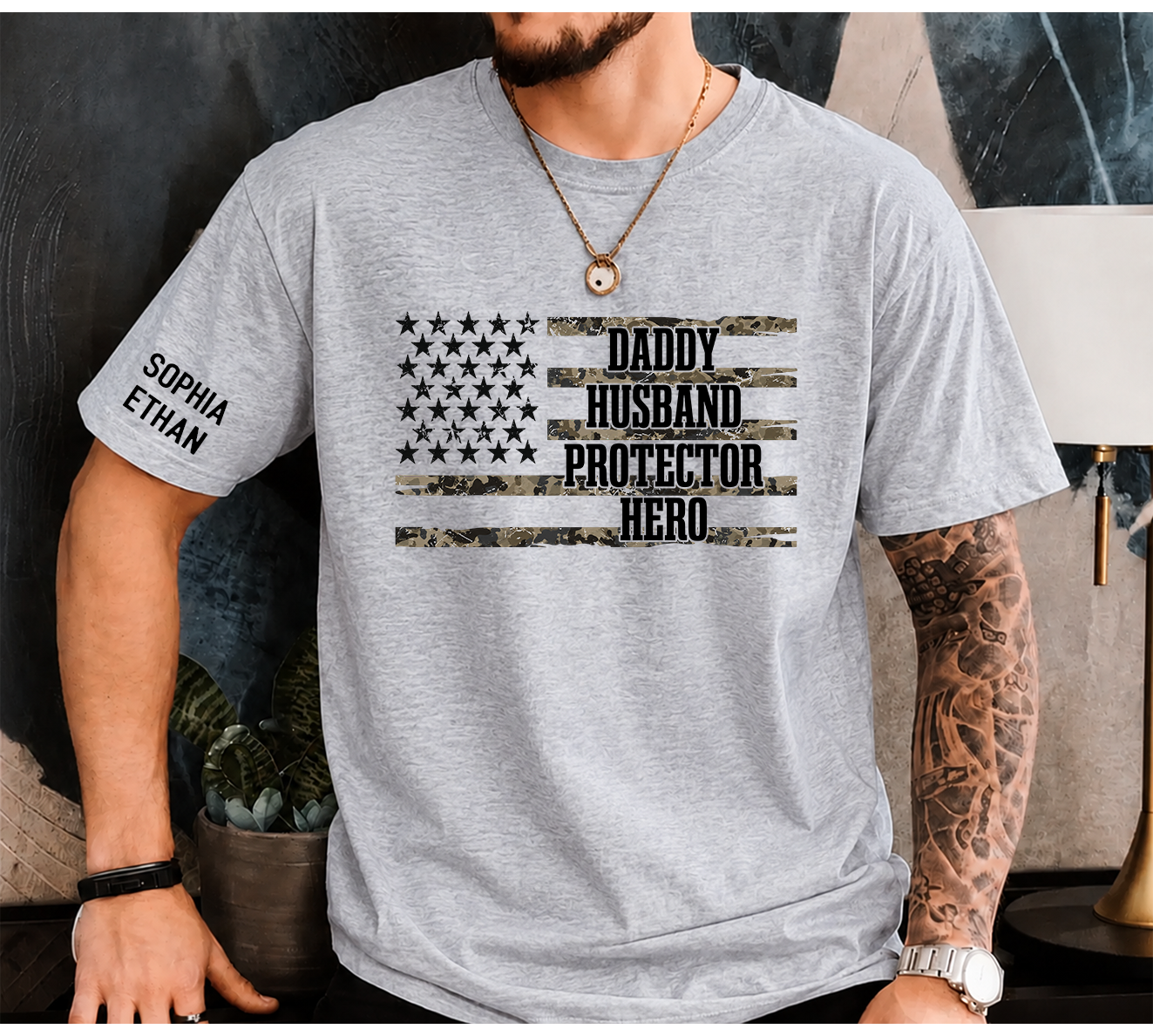 Custom Daddy Husband Protector Hero Shirt, Personalized Dad Shirt with Kids Names, Camo USA Flag Father’s Day Gift