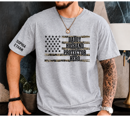 Custom Daddy Husband Protector Hero Shirt, Personalized Dad Shirt with Kids Names, Camo USA Flag Father’s Day Gift