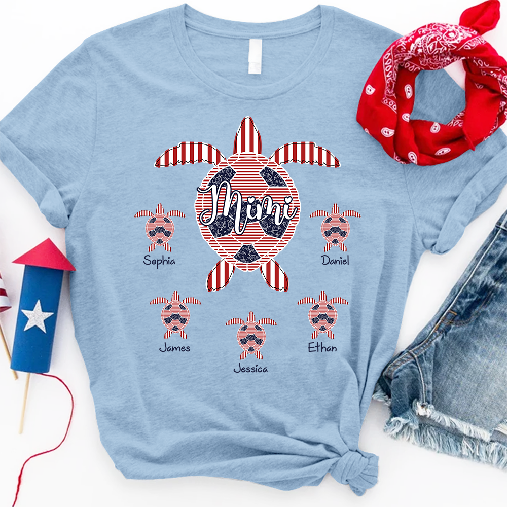 Personalized Mimi Sea Turtle Shirt with Grandkids Names, Custom Coastal Family Tee, Patriotic Beach Turtle Shirt for Women