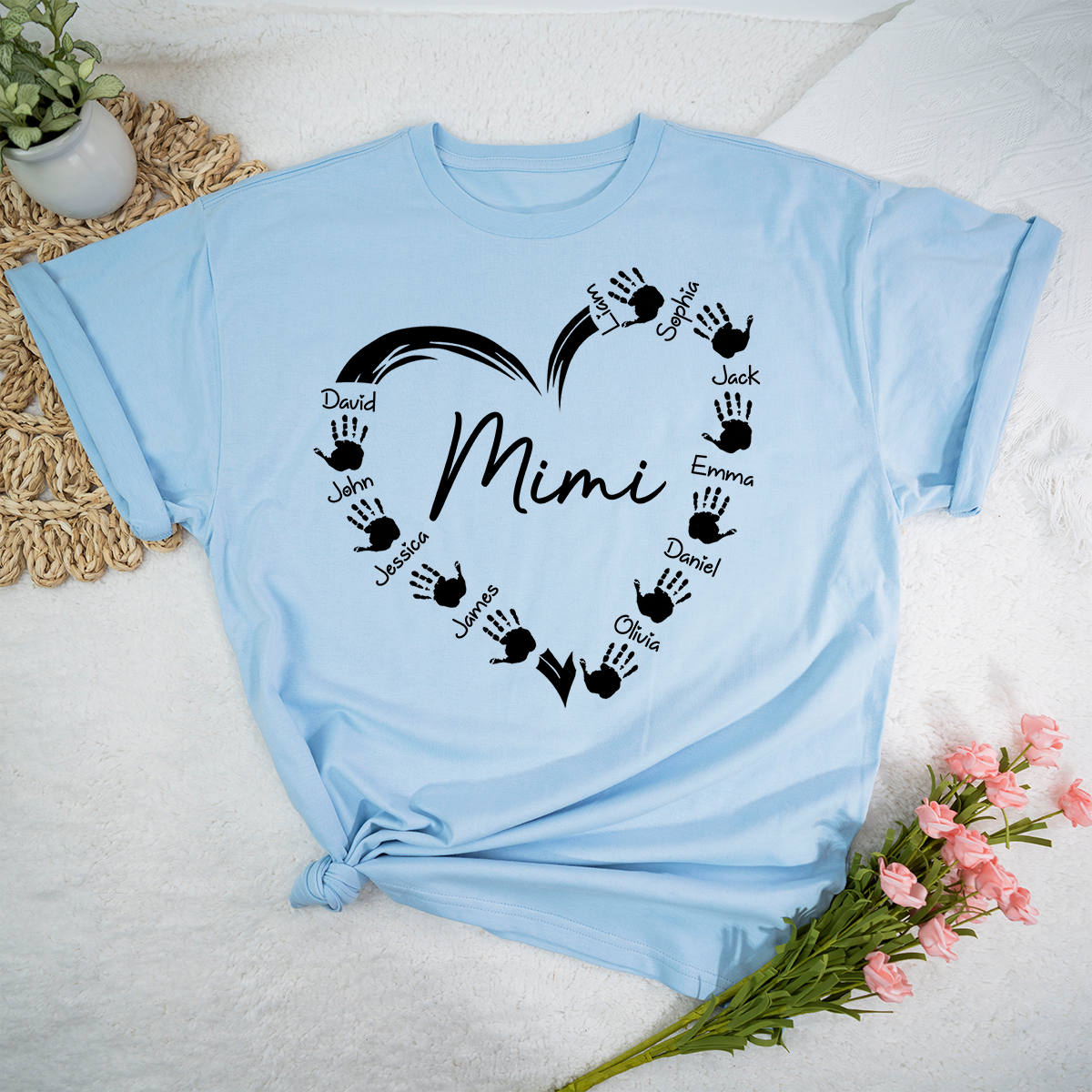 Personalized Mimi Shirt with Grandkids Names, Custom Handprint Heart Mimi T-Shirt for Grandma