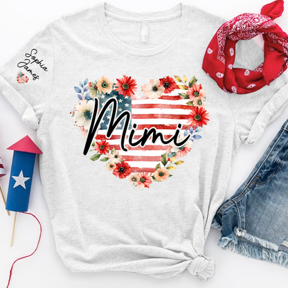 Floral Heart Mimi Shirt – Personalized Family Names with American Flag Design, Great Gift for Mimi