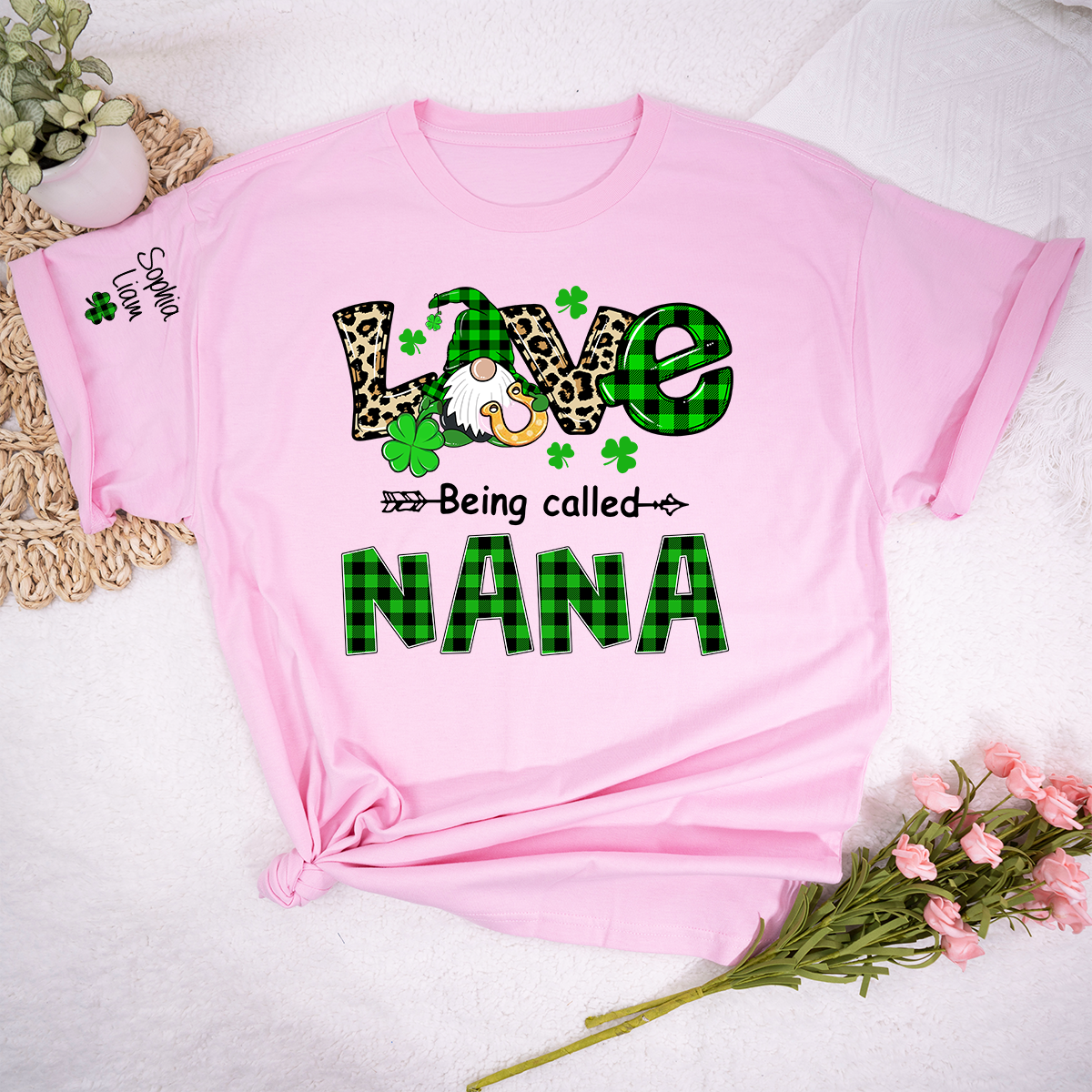 Nana St Patrick’s Day Shirt, Love Being Called Nana with Shamrocks and Gnome, Custom Grandma Shirt from Kids