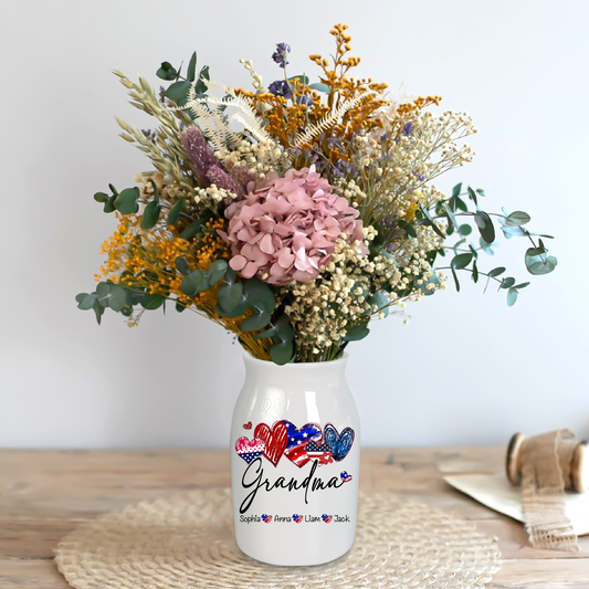 Heart Flag Grandma And Kids - Custom Home Decoration Flower Vase According To Family Requirements - Warm Gift For Mother's Day, Ceramic Flower Vase