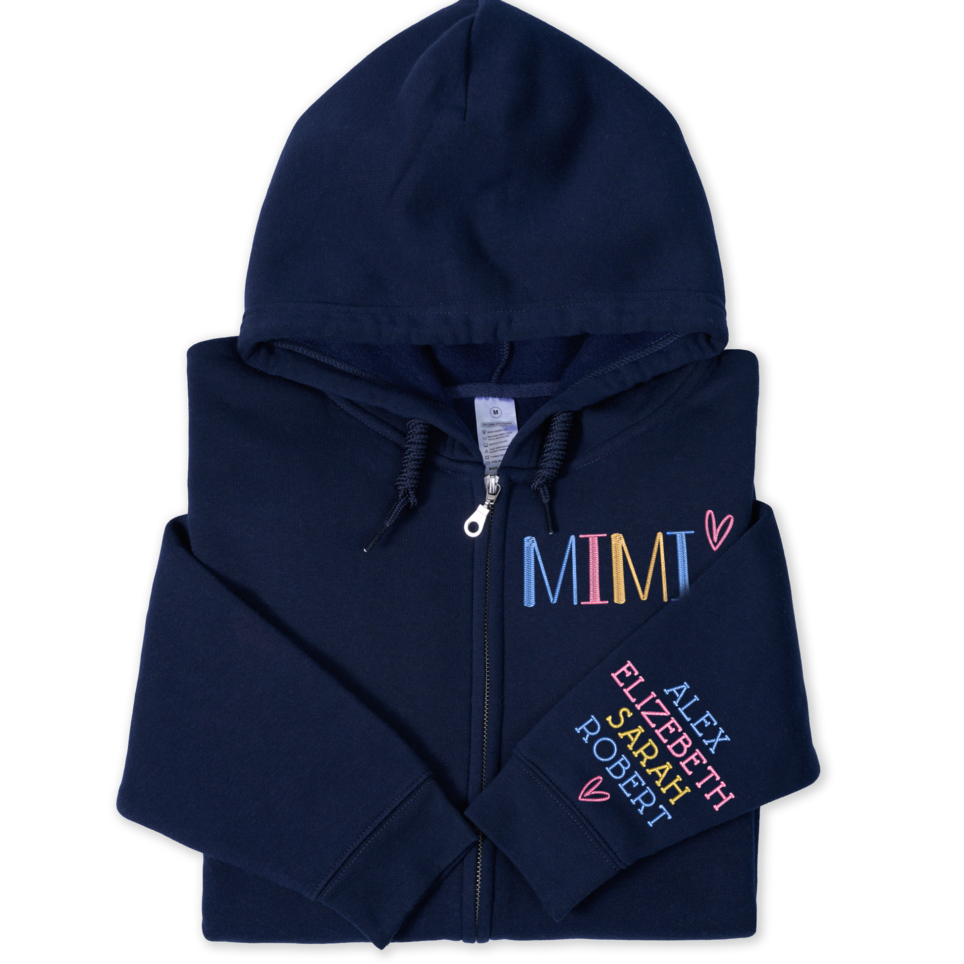 Personalized Embroidered Zip Hoodie for Grandma Mimi, Custom Name & Kids Names Sleeve Stitching, Cozy Full Zip Hooded Sweatshirt Gift for Family