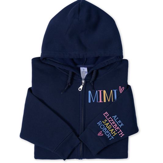 Personalized Embroidered Zip Hoodie for Grandma Mimi, Custom Name & Kids Names Sleeve Stitching, Cozy Full Zip Hooded Sweatshirt Gift for Family