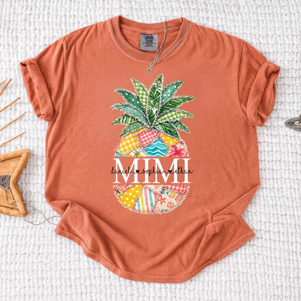 Comfort Colors Custom Mimi Pineapple Patchwork Shirt, Personalized Grandma Beach Tee with Grandchildren Names, Summer Family Gift