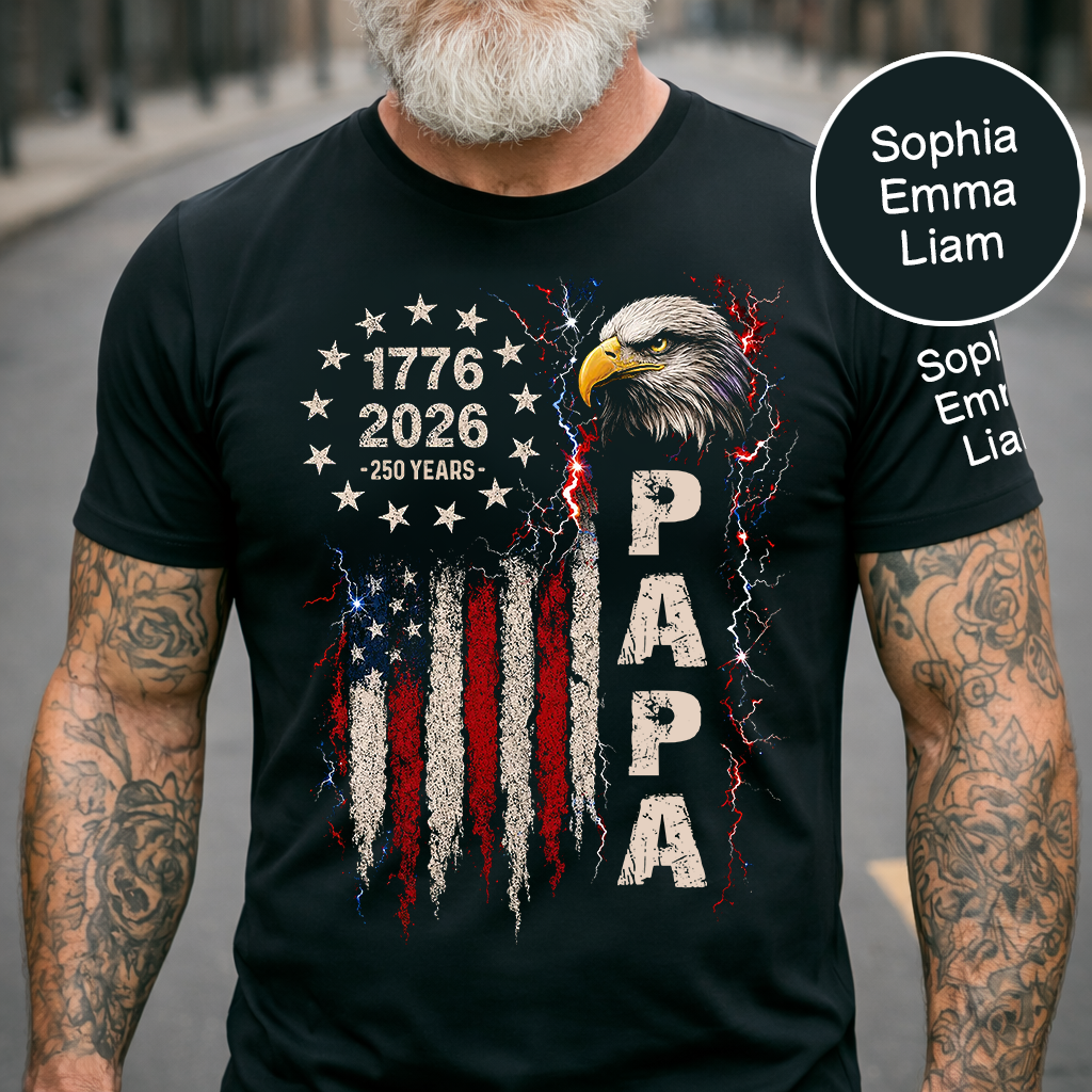 Personalized Papa Patriotic American Flag Shirt with Kids Names on Sleeve, Custom Grandpa Shirt, U.S. 250th Anniversary 250 Years of Freedom, Fathers Day Family Gift