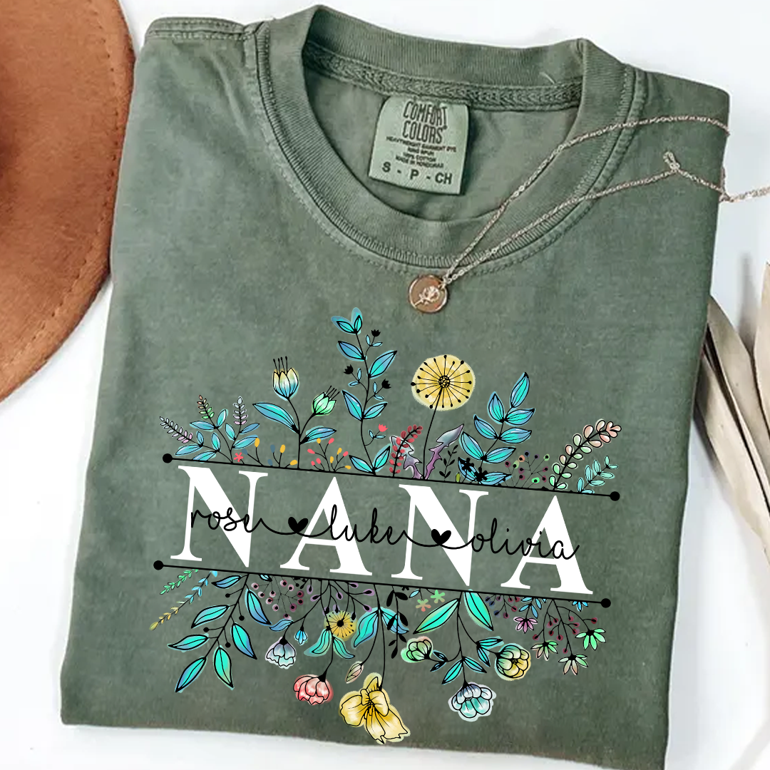 Comfort Colors® Wildflower Grandma Color T-Shirt, Custom Grandma With Grandkids Shirt