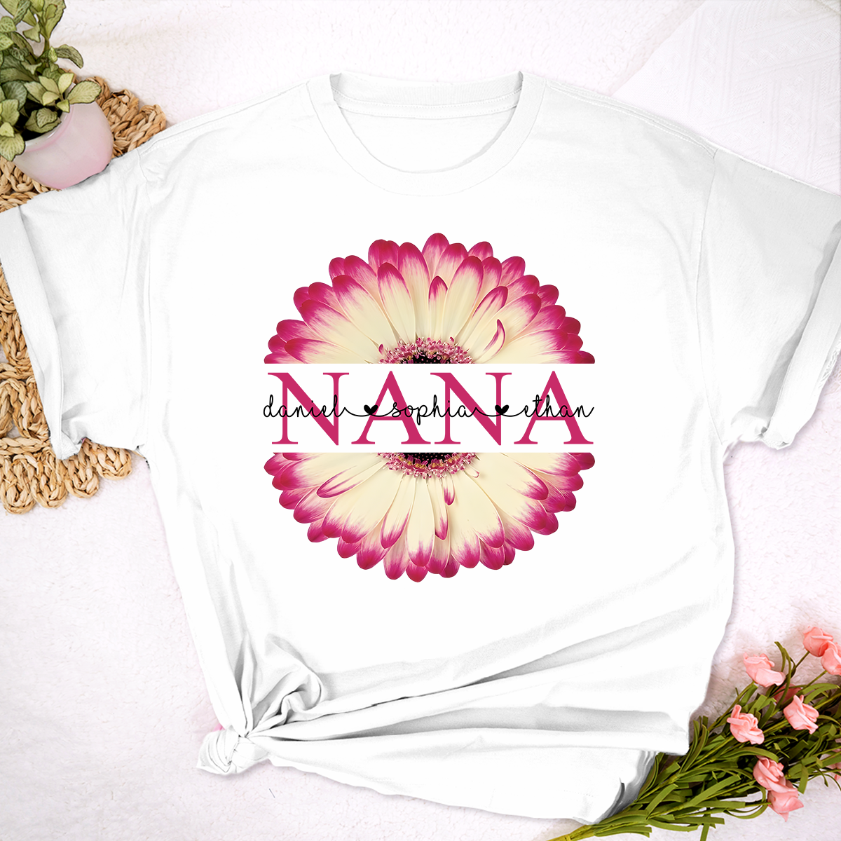 Personalized Nana T-Shirt with Pink Flower Graphic – Custom Grandma Gift Featuring Grandkids Names