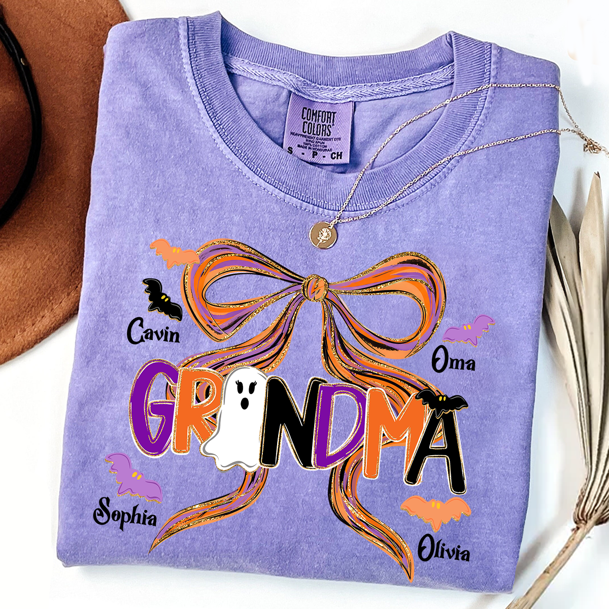 Comfort Colors® Personalized Halloween Grandma T-Shirt, Cute Ghost & Bat Design with Grandkids' Names