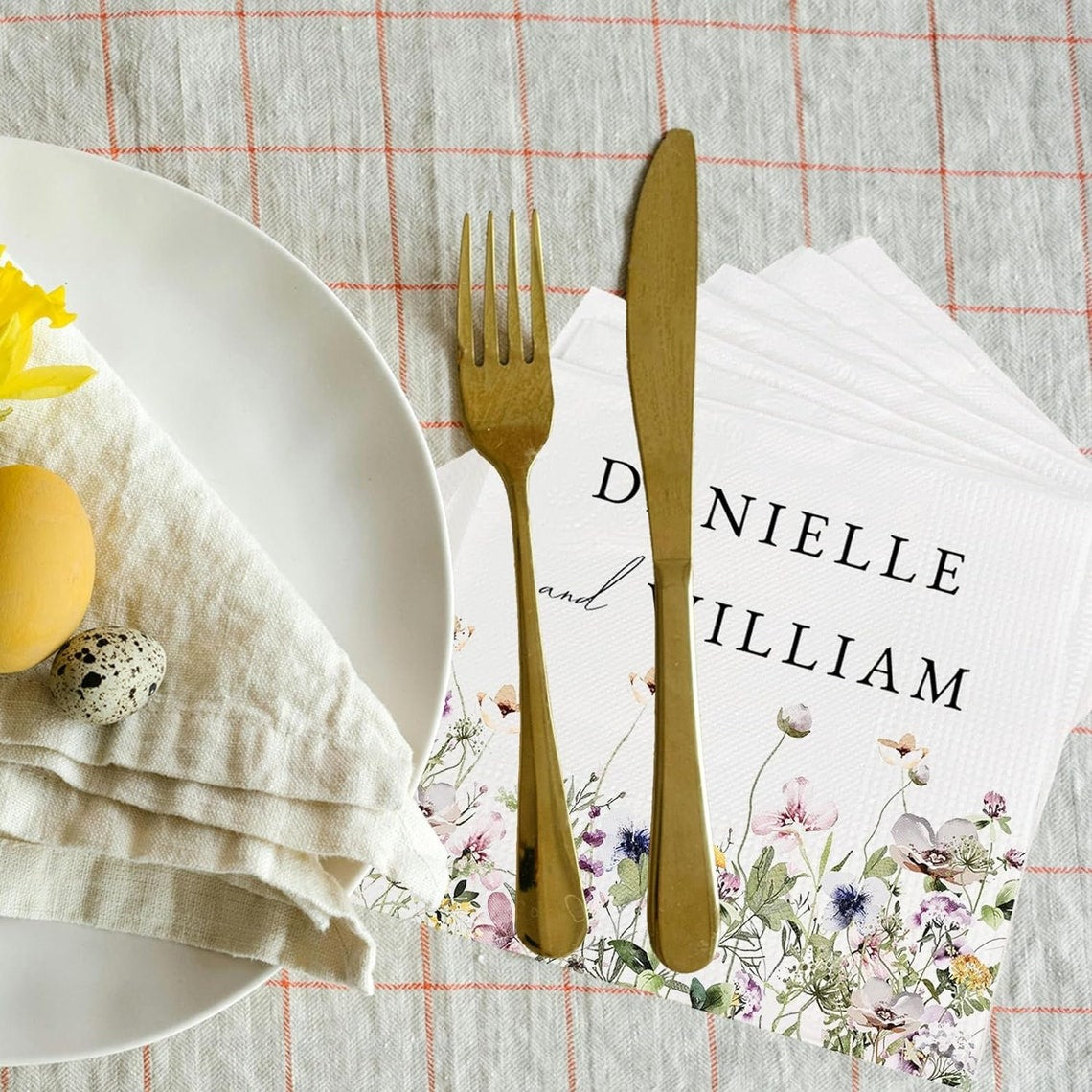 Personalized Wedding Napkins | Custom Wedding Napkins | Flower Border Cocktail Napkin | Save The Date Dinner Bridal Shower Engagement Party