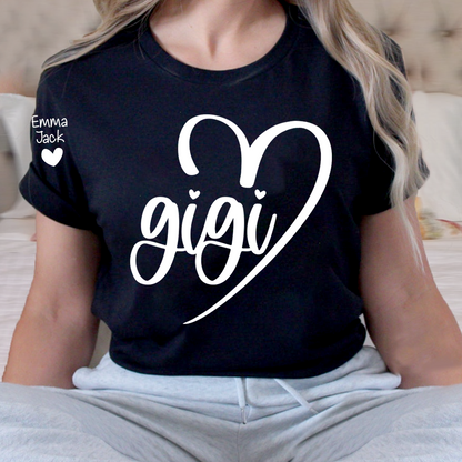 Personalized Gigi Shirt for Grandma, Custom Family T-Shirt with Heart Design and Custom Names