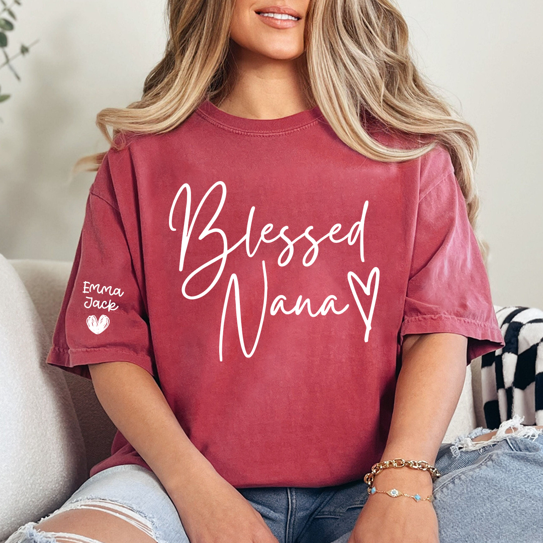 Blessed Nana Personalized T-Shirt, Custom Family Names Tee with Heart Design