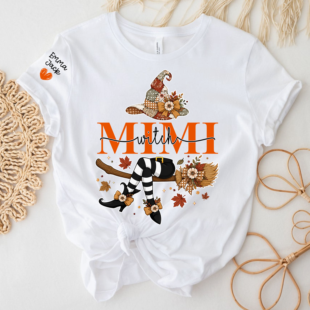 Funny Mimi Witch Shirt, Fall Halloween Grandma Graphic Tee, Personalized Family Names T Shirt, Cozy Autumn Gift for Mimi