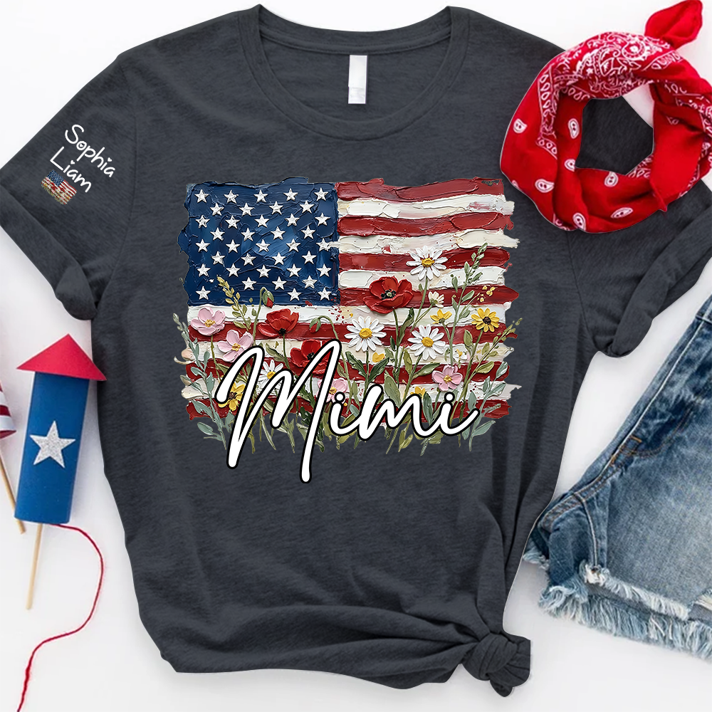 Personalized Mimi Shirt with American Flag Floral Design, Custom Grandma Name Tee, Family Gift Shirt