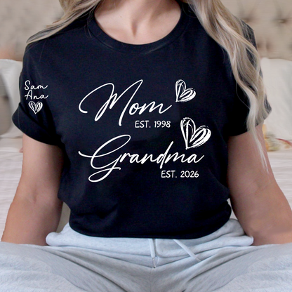 Custom EST Year Mom and Grandma T-Shirt, Personalized Family T-Shirt with Heart Design for Mom & Grandma