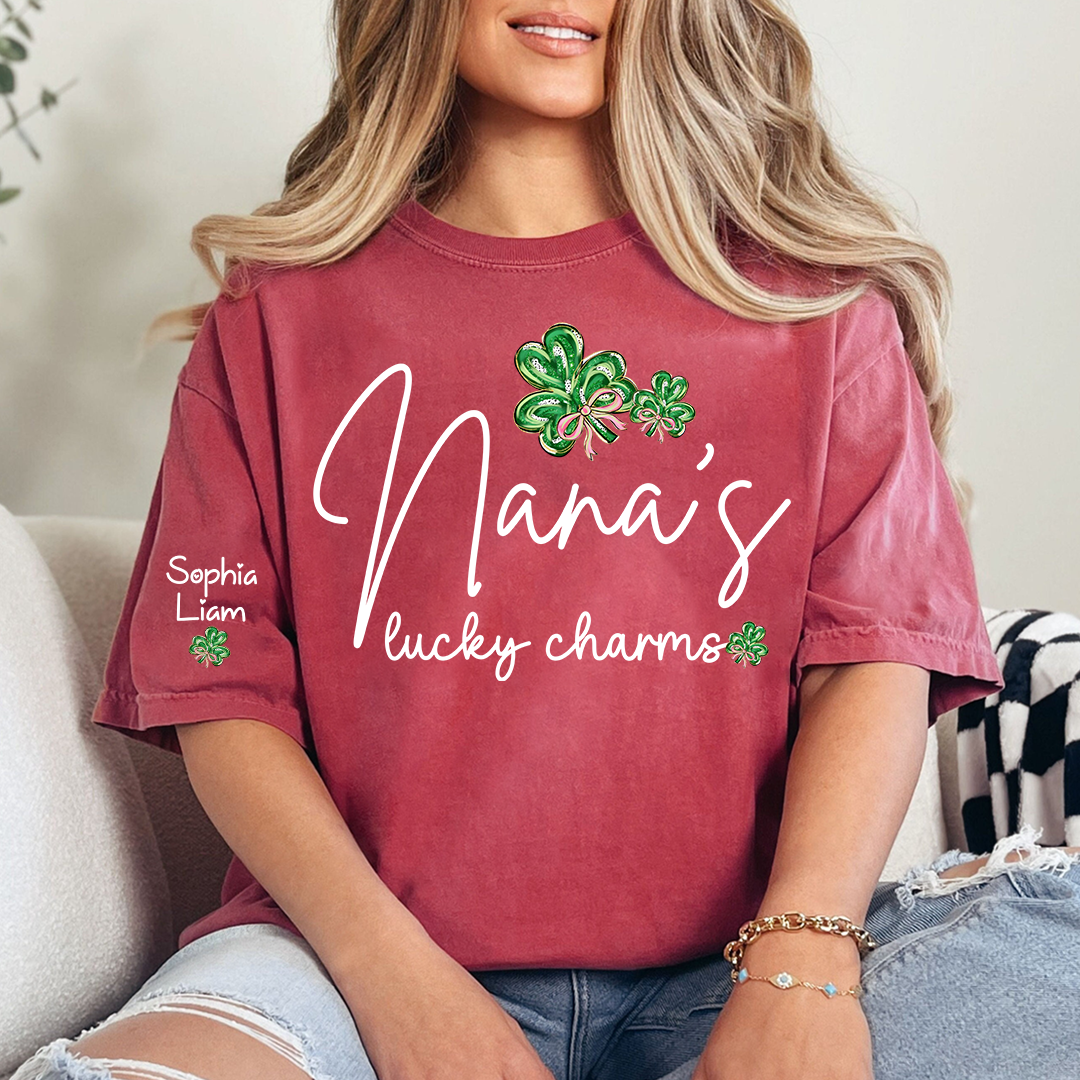 Nana’s Lucky Charms Shirt Personalized Grandma Name Tee with Shamrock Design St Patrick Theme Gift for Nana