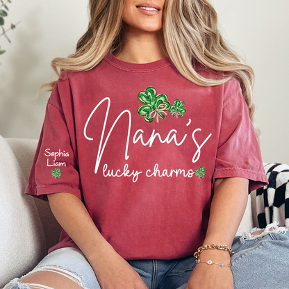 Nana’s Lucky Charms Shirt Personalized Grandma Name Tee with Shamrock Design St Patrick Theme Gift for Nana