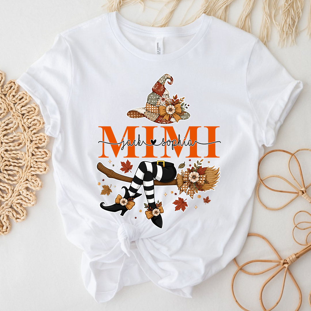 Personalized Mimi Witch Halloween Shirt, Fall Pumpkin Grandma Tee, Custom Grandkids Names T Shirt, Cute Autumn Gift for Mimi