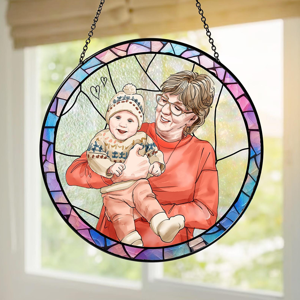 Personalized Grandma & Grandkids Stained Glass Portrait, Custom Family Glass Suncatcher