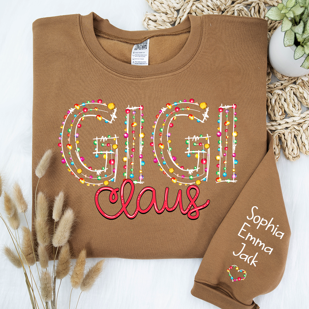 Personalized Gigi Claus Christmas lights And Grandkids Christmas Merry Sweatshirt