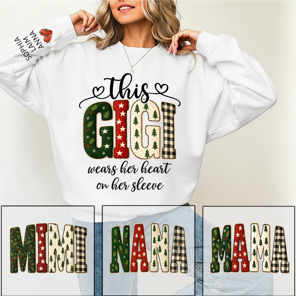 Vintage Grandma Sweatshirt, Patchwork Holiday Letters Sublimation, Grandma Wears Heart on Sleeve