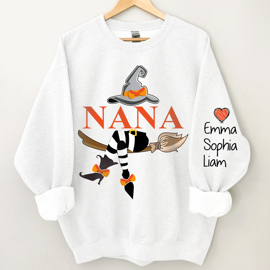 Personalized Nana Witch Halloween Sweatshirt, Custom Grandma With Grandkids Holiday Sweatshirt