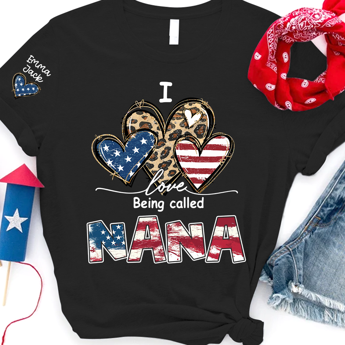Custom I Love Being Called Nana Flag Heart T-shirt, Grandma Shirt with Kids, Mother's Day Gift for Grandma