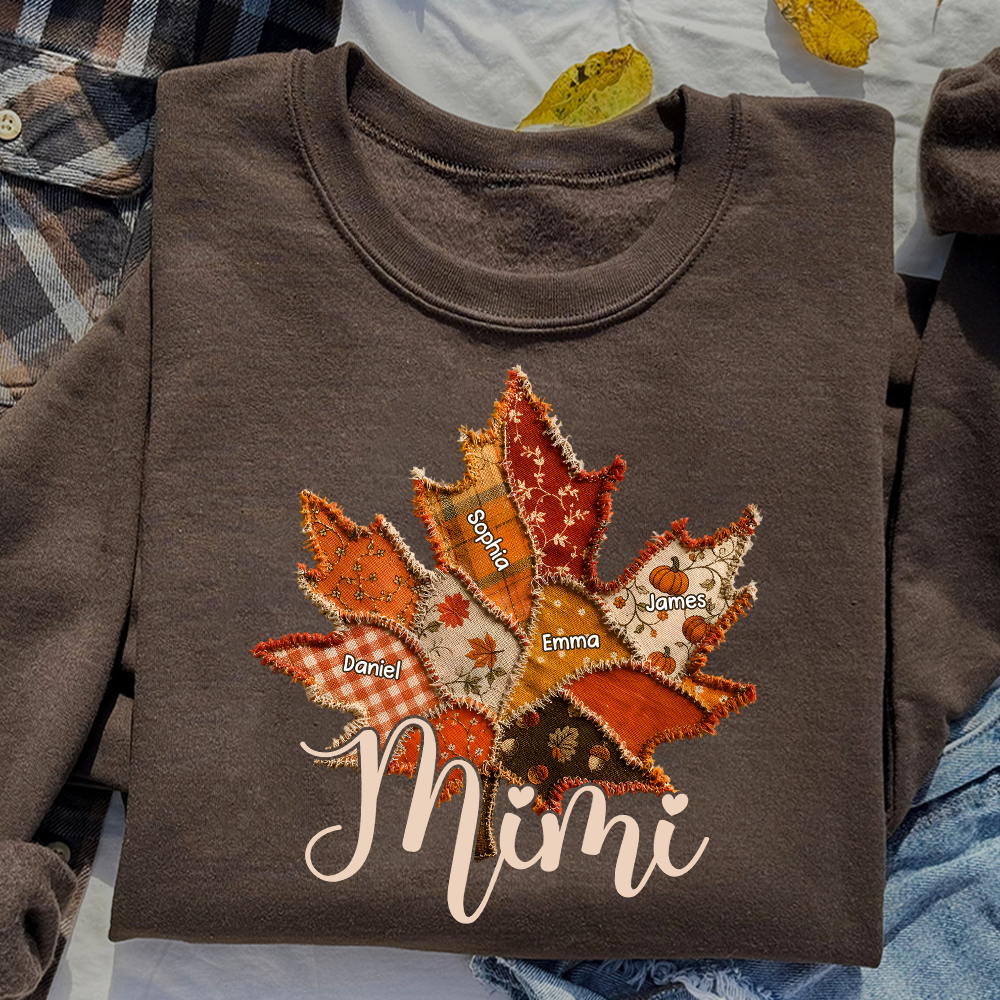 Personalized Mimi Fall Sweatshirt, Custom Grandkids Names Leaf Patchwork Sweatshirt, Autumn Grandma Gift, Cozy Thanksgiving Outfit