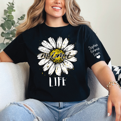 Personalized Mimi Life Daisy Shirt, Custom Grandma T-Shirt with Kids Names on Sleeve, Floral Family Name Tee Gift for Grandma, Nana Shirt