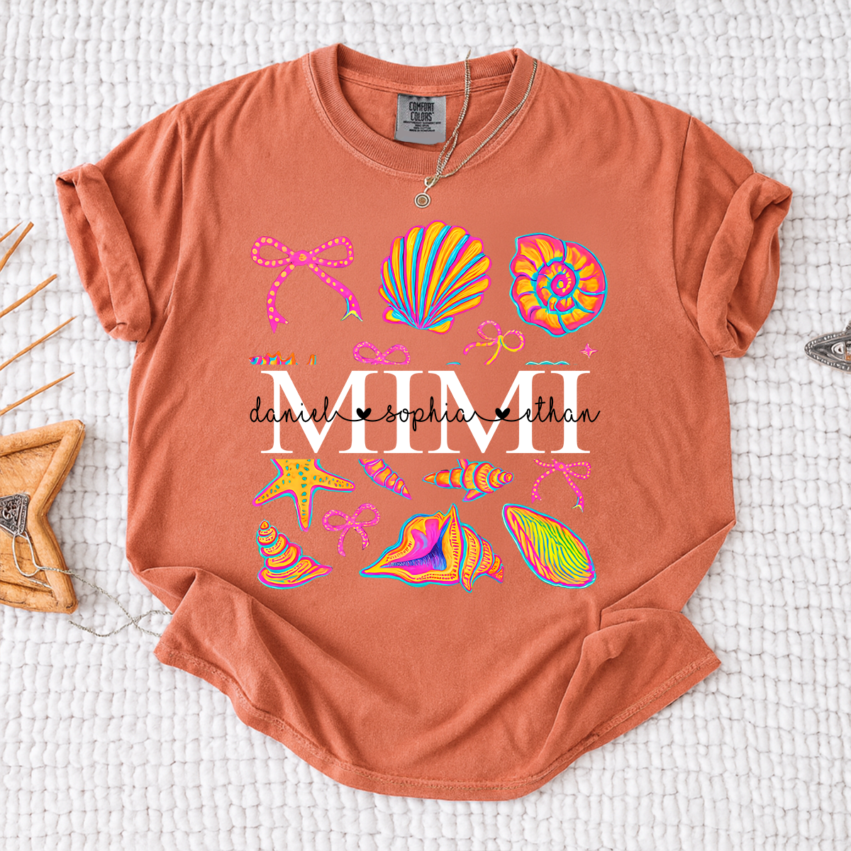 Comfort Colors Personalized Mimi Shirt with Names, Vibrant Seashell Beach Design Tee, Summer Family Gathering Outfit for Women