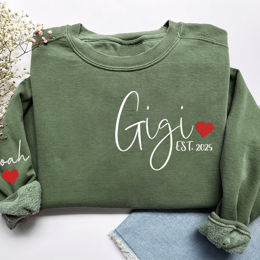 Embroidered Women's Sweatshirt with Heart, Gift For Gigi And Kids