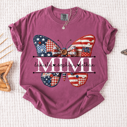 Comfort Mimi Patriotic Shirt, Custom Names with USA Flag and Floral Butterfly Graphic