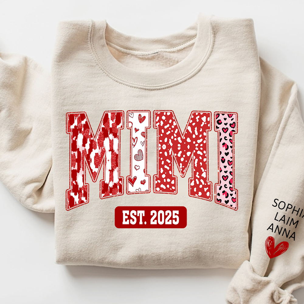 Custom Mimi Sweatshirt, Valentine Heart Pattern Pullover with Names