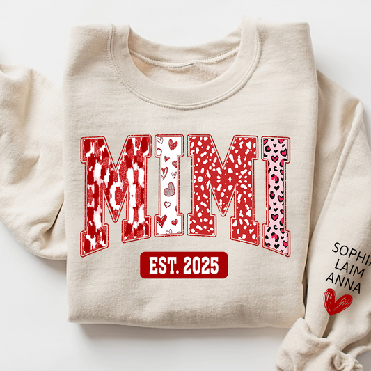 Custom Mimi Sweatshirt, Valentine Heart Pattern Pullover with Names
