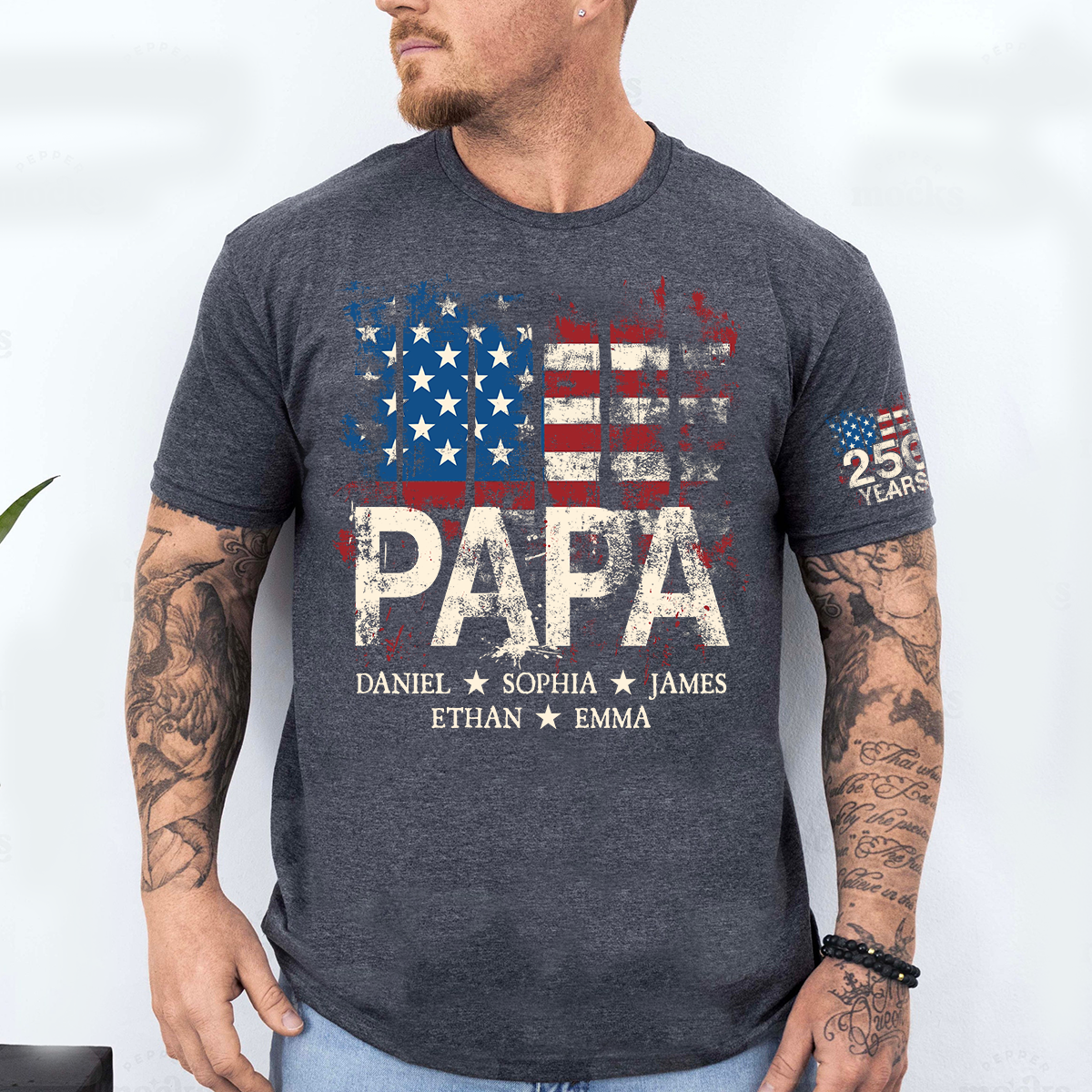 Custom Papa Shirt, 250th Anniversary USA Flag Design, Personalized with Grandkids Names, Patriotic Gift