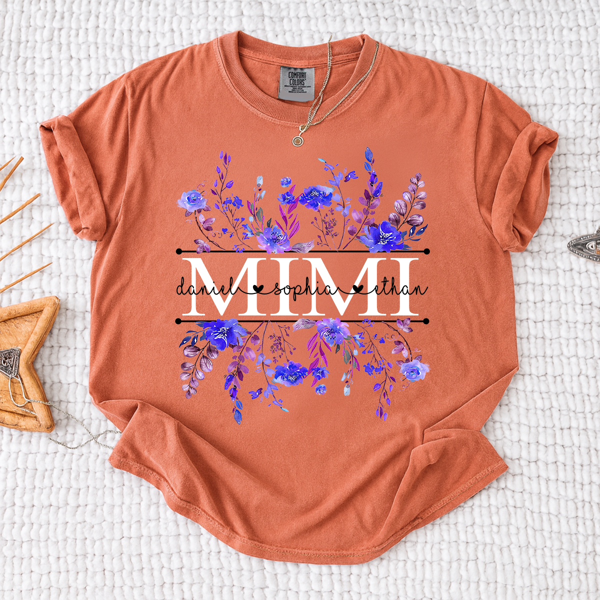 Comfort Colors Personalized Mimi Shirt with Purple Wildflower Design – Custom Grandma Gift with Grandkids Names