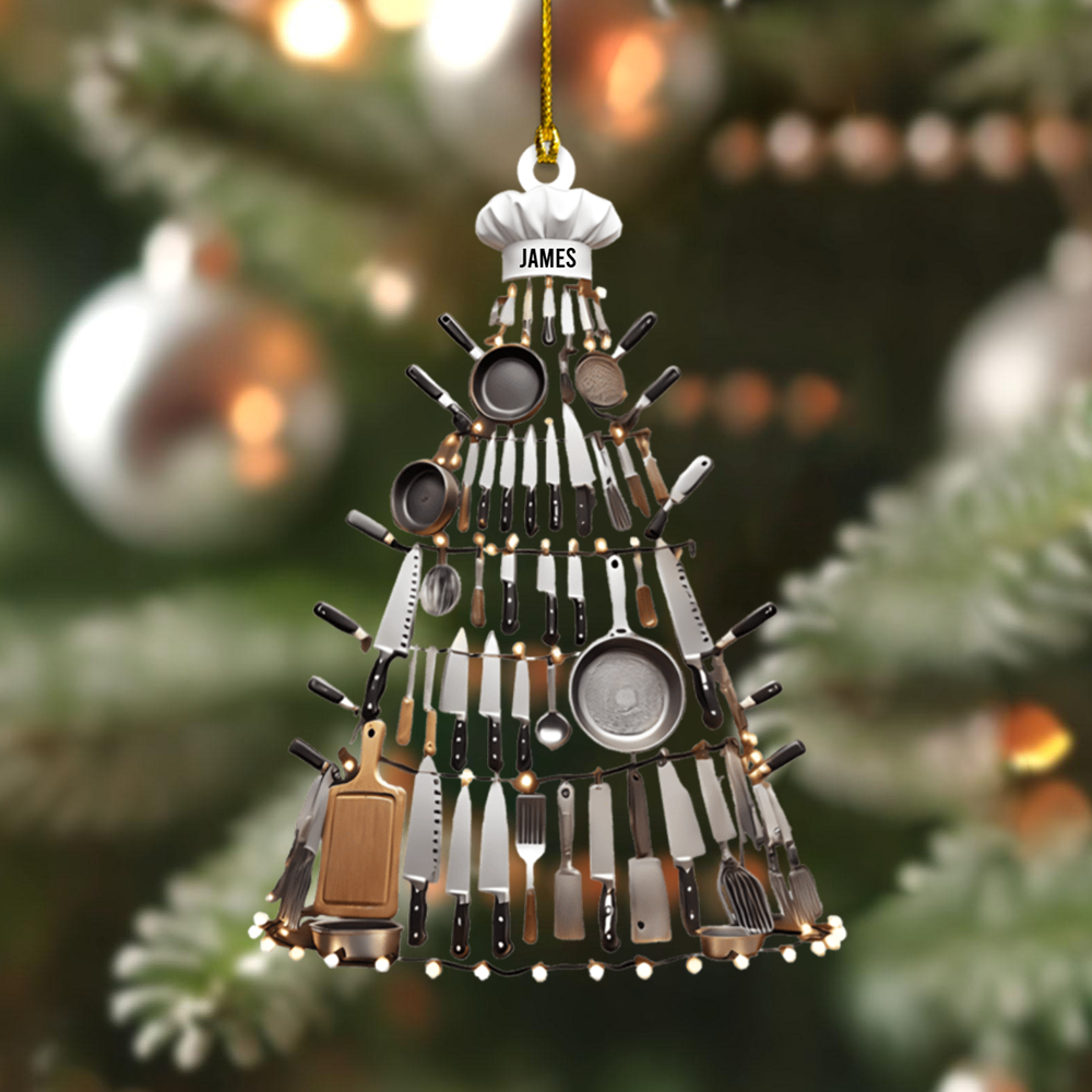 Personalized Chef Ornament 2025 – Custom Name Kitchen Utensil Tree Christmas Decoration for Cooks and Food Lovers Ornament
