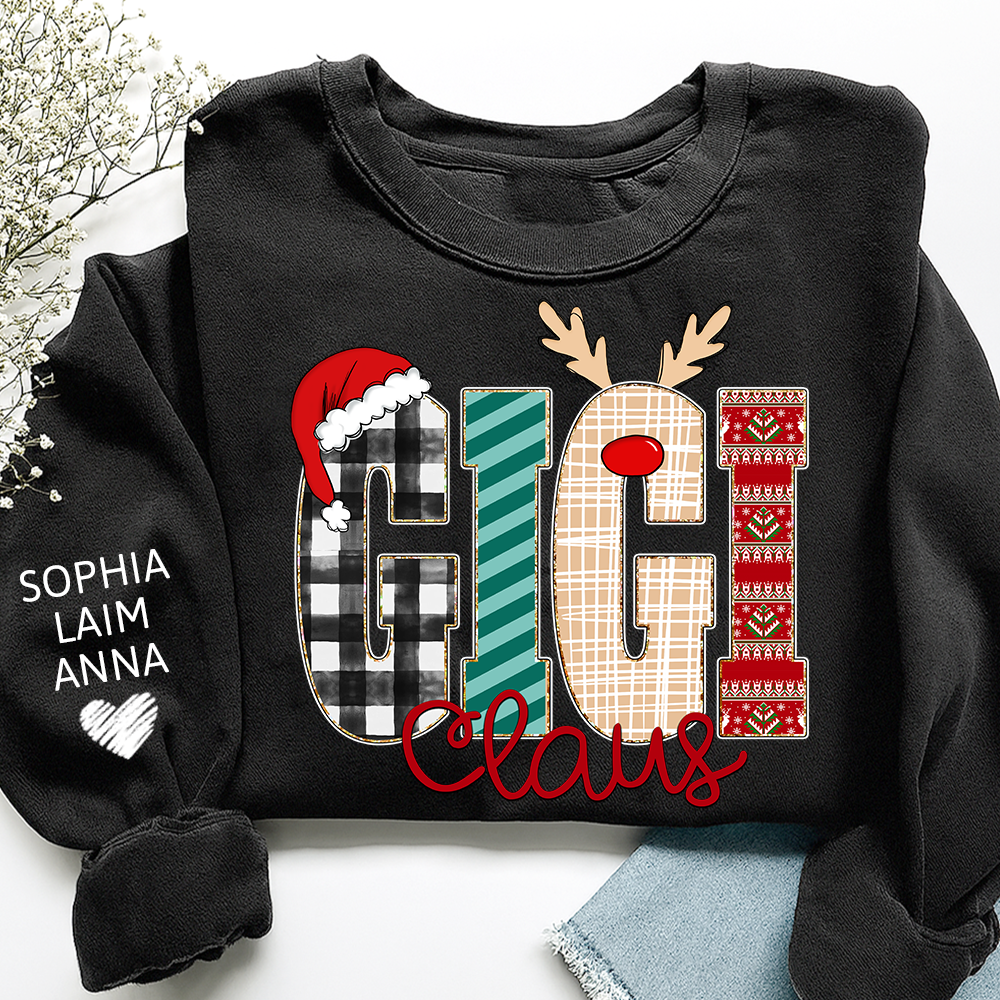 Gigi Claus Christmas Sweatshirt – Personalized Holiday  with Child’s Name on Sleeve Sweatshirts