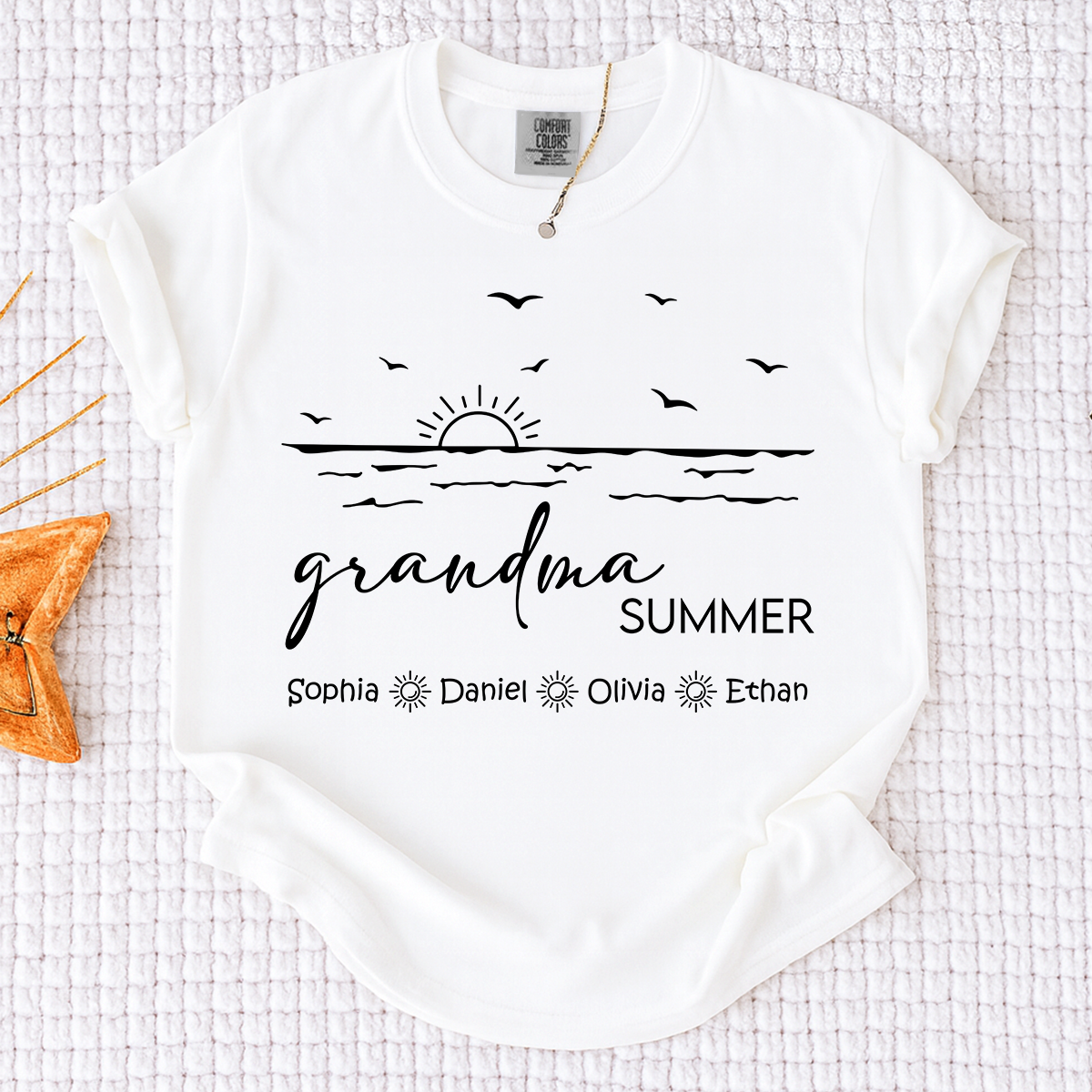 Comfort Colors Custom Name Grandma Shirt, Summer Beach Vacation Tee with Grandkids Names, Ocean Inspired Apparel for Grandma