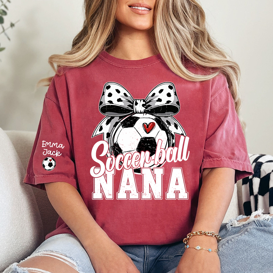 Soccer Nana Shirt Personalized with Grandkids Names, Soccer Ball Bow Family T Shirt